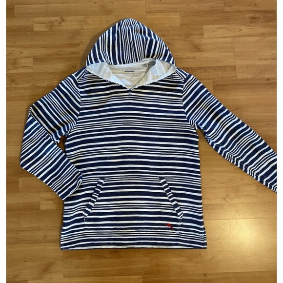 Tommy‎ Bahama Hoodie Mens M Blue White Striped Cotton Pullover Beach Baja Resort - Picture 1 of 9